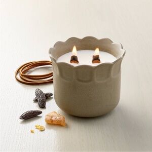 2-Wooden Wick Scalloped Rim Ceramic Jar Candle Leather & Tonka - Hearth & Hand